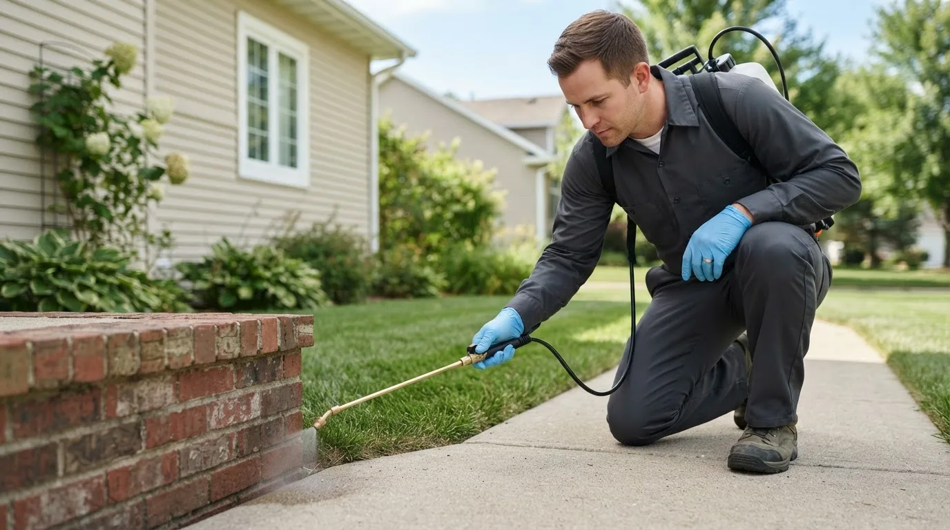 Pest control technician treating a home near Pontiac, IL