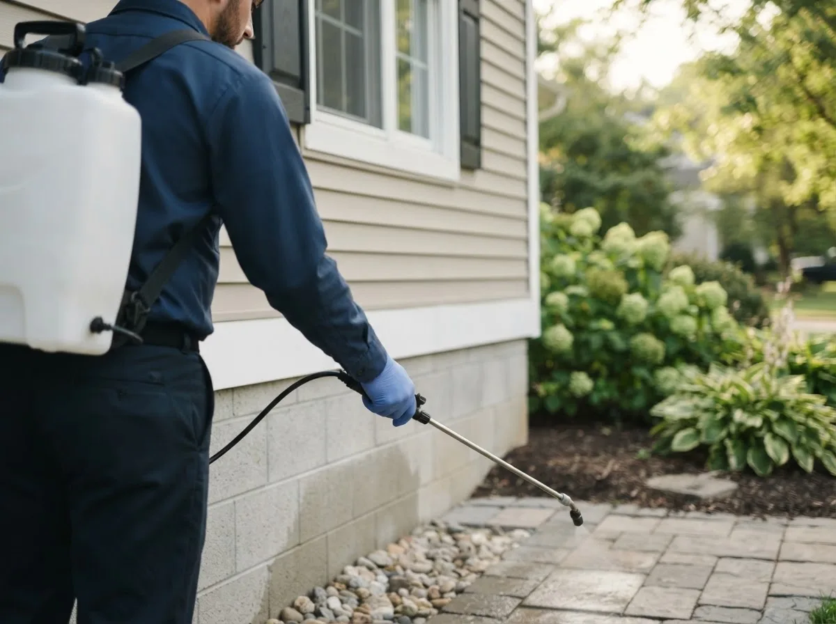 Pest control technician inspecting a home in Pontiac, IL